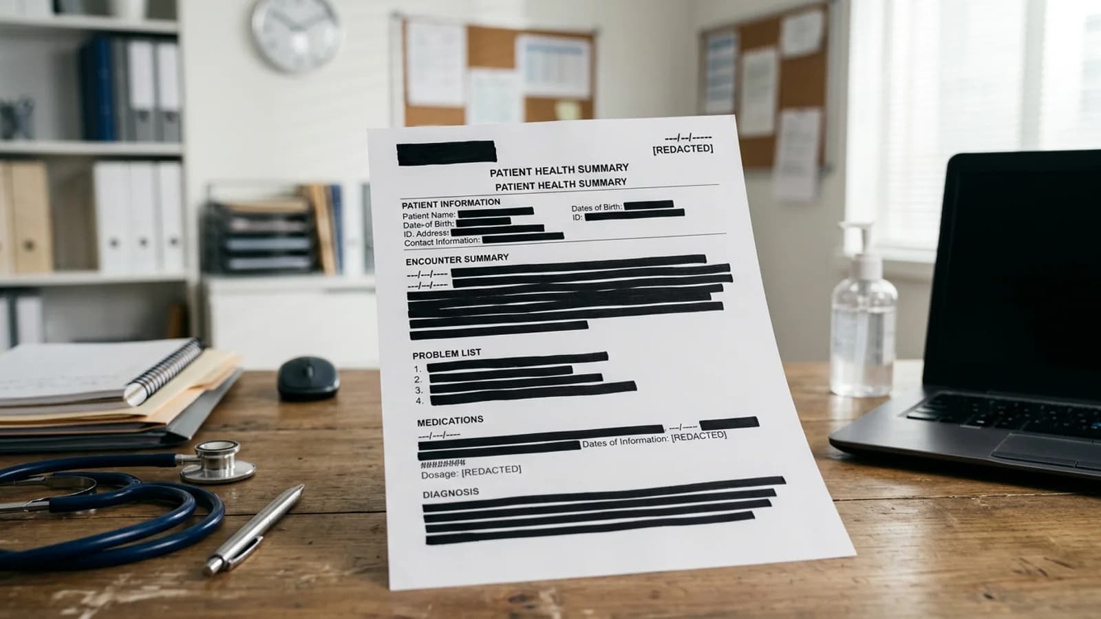 A health record PDF with selected patient details redacted
