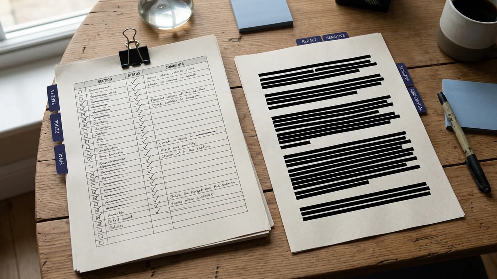 A document review checklist beside a redacted PDF page