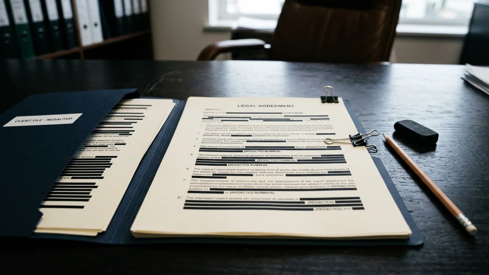 A legal PDF with names and account details selected for redaction